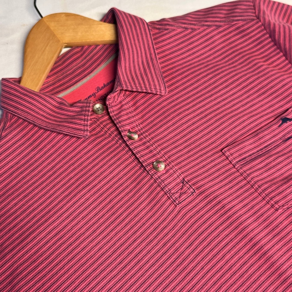 Tommy Bahama IslandZone Mens Large Pink Navy Striped Cotton Polo Shirt